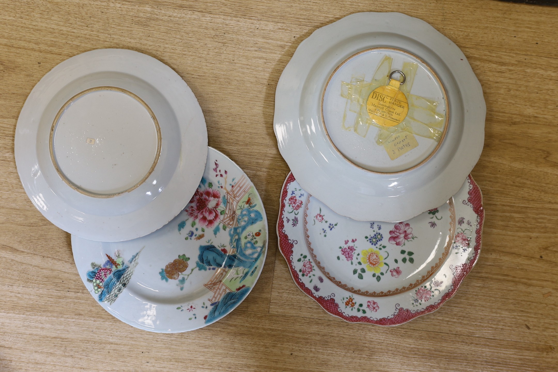 Two pairs of 18th century Chinese export famille rose plates, largest 26 cms wide.